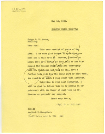 Letter from J. S. Cullinan to W. W. Moore, 1929 May 18