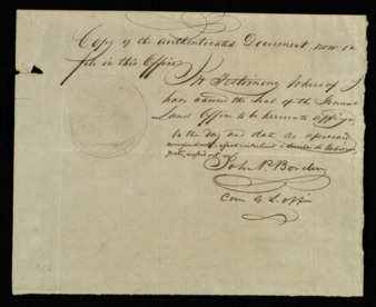 Receipt stating that a copy of the authenticated document is on file at the General Land Office