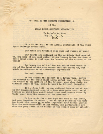 Call to the Seventh Convention of the Texas Equal Suffrage Association, to be held in Waco on May 15, 1917 to May 17, 1917