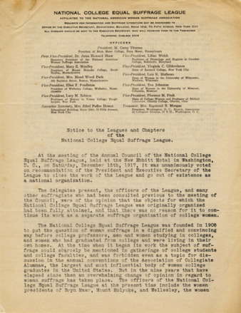 Notice to the Leagues and Chapters of the National College Equal Suffrage League