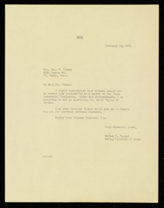 Letter from Walter F. Woodul to George W. Fisher, 1938 February 12