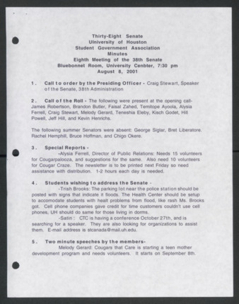 Thirty-eight Senate, University of Houston Student Government Association, Minutes, Eighth Meeting, August 8, 2001