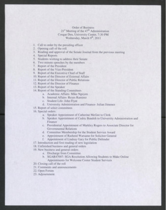 Order of Business, 21st Meeting of the 47th Administration, March 9, 2011