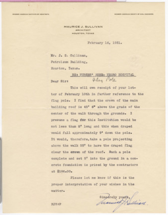 Letter from Maurice J. Sullivan to J. S. Cullinan, 1931 February 16