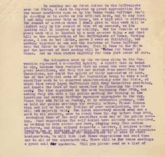 Minnie Fisher Cunningham's first letter as President of the Texas Equal Suffrage Association