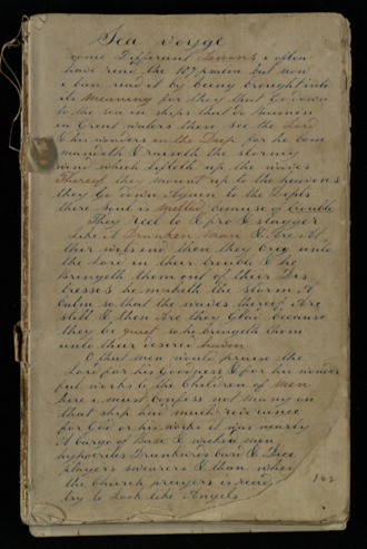 Manuscript journal, including schooling lessons entitled “Sea Voyage to Melbourne,” and the original envelope for the manuscript