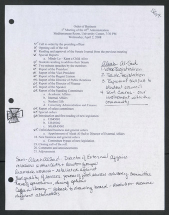 Order of Business [Agenda], 1st Senate Meeting of the 45th Administration, April 2, 2008