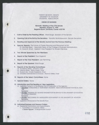 Twenty-seventh Senate, University of Houston, Students' Association, Order of Business, Eleventh Meeting, August 13, 1990