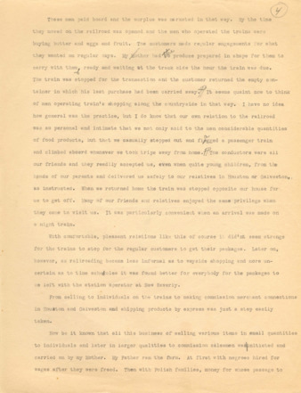 Manuscript recalling Minnie Fisher's family business arrangement to supply food to railroad customers