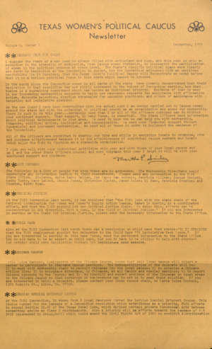 Texas Women's Political Caucus Newsletter, Vol. 4, No. 1, September 1975