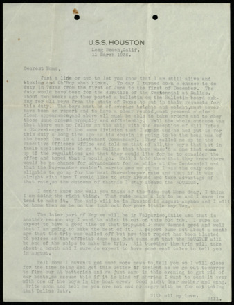 Letter from William M. Slough, S1C, to Dorothy Wagner Slough, 1936 March 11