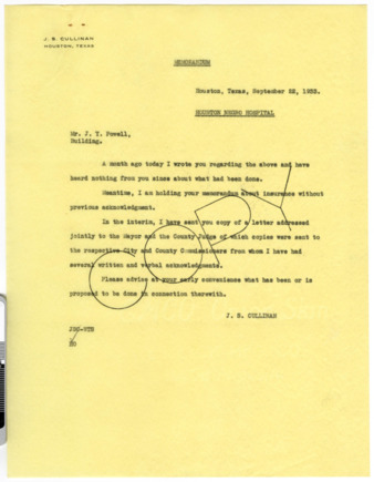 Memorandum from J. S. Cullinan to J. Y. Powell, 1933 September 22