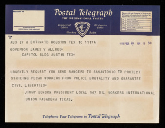 Telegram from Jimmy Benson to Governor James V. Allred, 1938 February 10