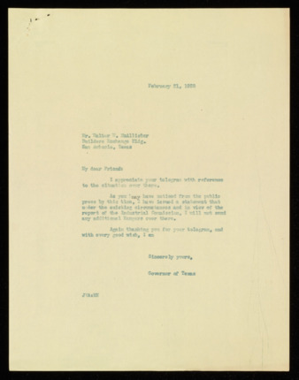 Letter from Governor James V. Allred to Walter W. McAllister, 1938 February 21
