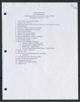 Order of Business [Agenda], Senate Meeting of the 44th Administration, February 27, 2008