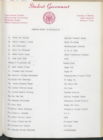 Hardbound Senate Journal, Student Government Representatives Sworn in November 5, 1962