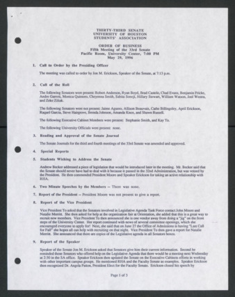Thirty-third Senate, University of Houston, Students' Association, Order of Business [Minutes], Fifth Meeting, May 29, 1996
