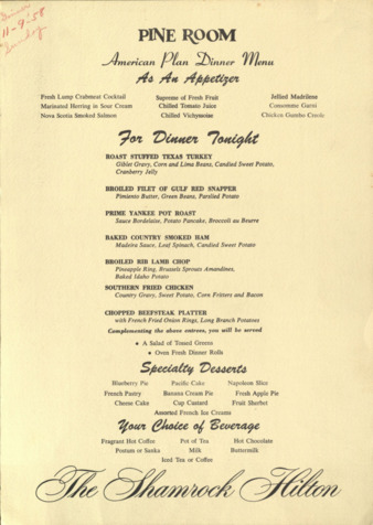 Pine Room American plan dinner menu