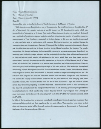 Translation of Letter from Count of Cumbrehermosa to the Marquis of Cosatiyi, 1790[?]