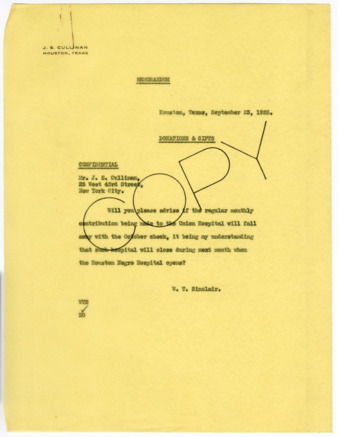 Memorandum from W. T. Sinclair to J. S. Cullinan, 1926 September 23