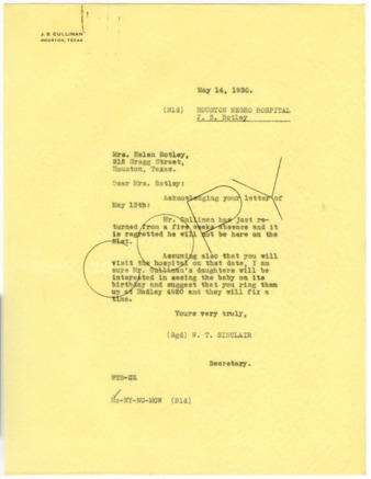 Letter from W. T. Sinclair to Helen Botley, 1930 May 14