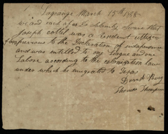 Statement by David Berry and Thomas Thompson that Joseph Cottle was a resident of Texas before its independence and is entitled to one league and one labor of land