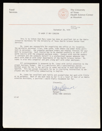 Letter of Reference, Larry Clemens regarding Mary F. Lopez