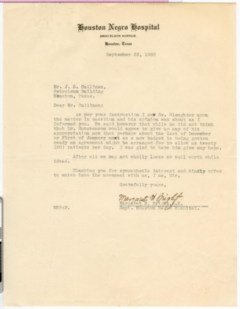 Letter from Margaret H. Bright to J. S. Cullinan, 1932 September 23