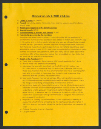 Order of Business Minutes, Senate Meeting of the 45th Administration, July 2, 2008