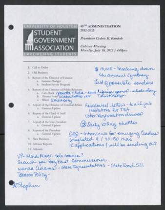 Order of Business, Cabinet Meeting of the 49th Administration, July 16, 2012