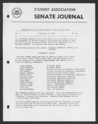 Senate Journal, Ninth Senate, University of Houston Student Government Association, Minutes, Vol. 9, No. 14, September 11, 1972