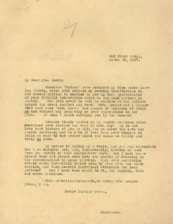 Letter from Minnie Fisher Cunningham to Mrs. Goeth, appreciating her work