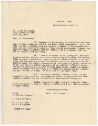 Letter from W. C. Hogg to Dr. Allen Hutcheson, 1929 June 25
