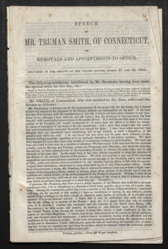 Speech by Truman Smith on the “Removals and Appointments to Office,” delivered in the U. S. Senate