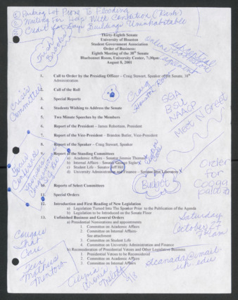 Thirty-eight Senate, University of Houston Student Government Association, Order of Business [Agenda], Eighth Meeting, August 8, 2001