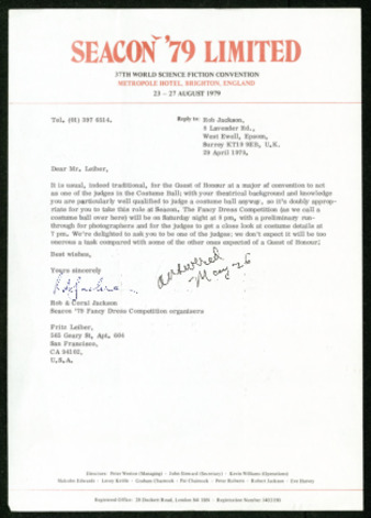 Seacon '79 Limited, Letter from Rob and Coral Jackson to Fritz Leiber, regarding judging the Fancy Dress Competition
