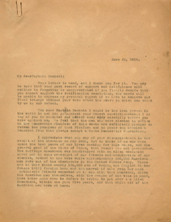 Letter from Minnie Fisher Cunningham to Captain Sackett