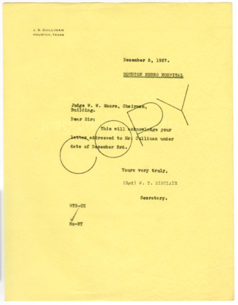 Letter from W. T. Sinclair to W. W. Moore, 1927 December 5