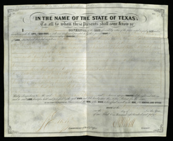 Land grant to Amos Clark and Richard Sheckle Walker for 471 acres, signed by Peter Hansbrough Bell as the governor of Texas