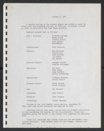 First Senate, University of Houston Student Government Association, Minutes, October 5, 1964