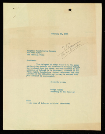 Letter from George Clarke to Kingston Manufacturing Company, 1938 February 15