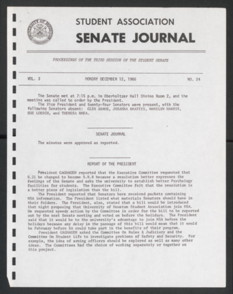 Senate Journal, Third Senate, University of Houston Student Government Association, Minutes, Vol. 3, No. 24, December 12, 1966