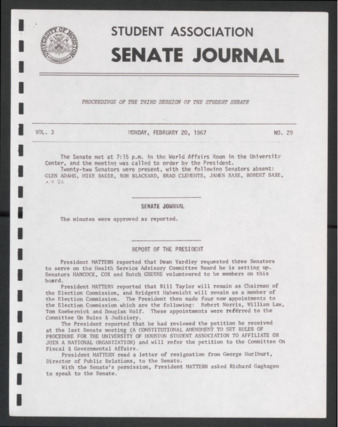 Senate Journal, Third Senate, University of Houston Student Government Association, Minutes, Vol. 3, No. 29, February 20, 1967