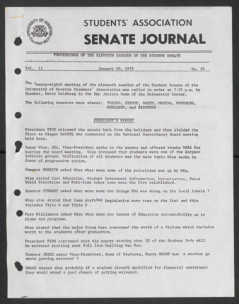 Senate Journal, Eleventh Senate, University of Houston Student Government Association, Minutes, Vol. 11, No. 28, January 20, 1975