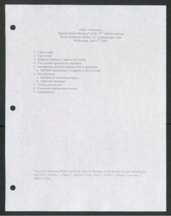 Order of Business [Agenda], Special Senate Meeting of the 39th Administration, June 5, 2002