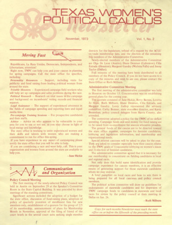 Texas Women's Political Caucus Newsletter, Vol. 1, No. 2, November 1973