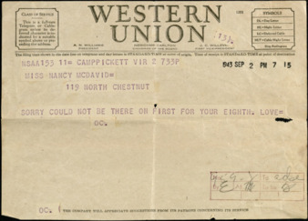 Western Union Telegram from Capt. O. C. McDavid to Nancy McDavid, 1943 September 2