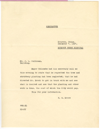Memorandum from W. W. Moore to J. S. Cullinan, 1927 December 7