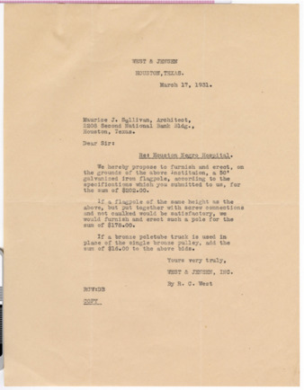 Letter from R. C. West to Maurice J. Sullivan, 1931 March 17
