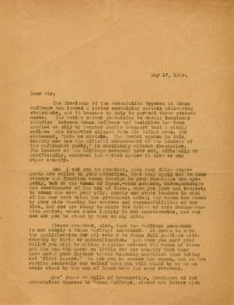 Draft letter by Minnie Fisher Cunningham, refuting the claims of opposition Association of Women's Suffrage, 1919 May 17